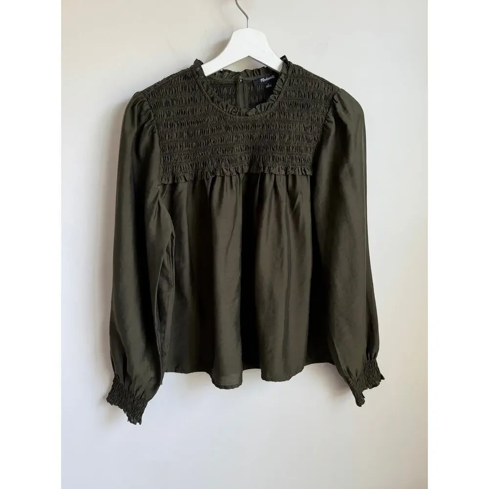 Madewell Smocked High-Neck Long-Sleeve Blouse Top Midnight Olive Womens Small